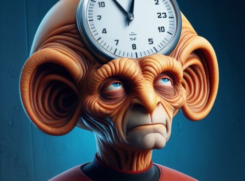 Ferengi mit Uhr im Kopf da sein Tag nur 24 Stunden hat.